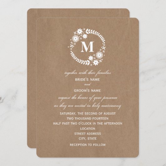 包装紙の刺激を受けたで白いリースのモノグラムの結婚式 招待状 (正面/裏面)