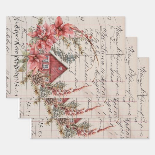 包装紙セット(3)ヴィンテージテーマクリスマス03 ラッピングペーパーシート (セット)