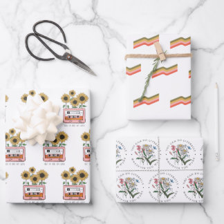 包装紙フラットシートセット3,レトロ花 ラッピングペーパーシート