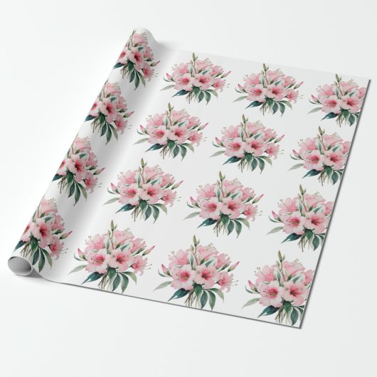 包装紙 – ピンク色の花、白い背景 (アンロールド)