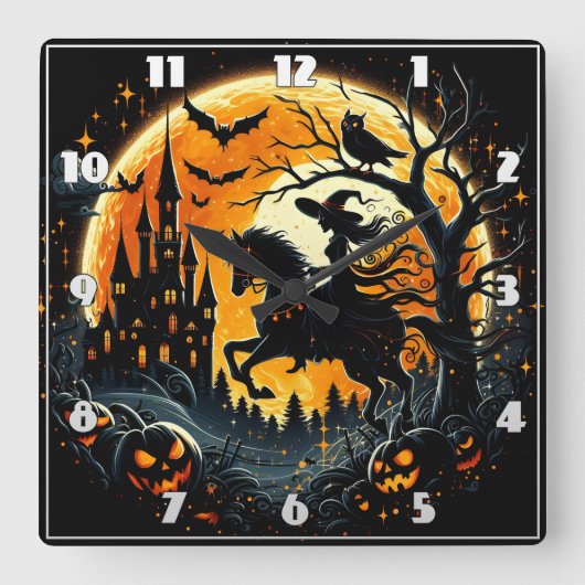 化け物のような収穫の月の下を魔女が乗る スクエア壁時計 (正面)