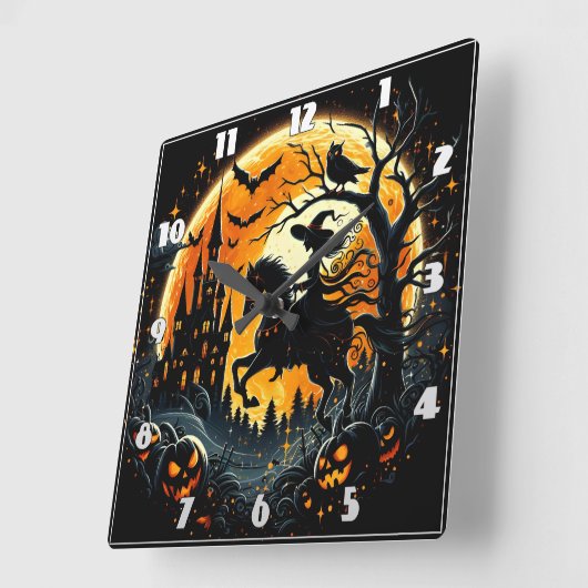 化け物のような収穫の月の下を魔女が乗る スクエア壁時計 (傾斜)