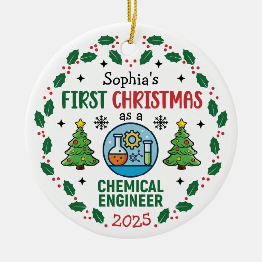 化学工学者の初めてのクリスマス 名前入り セラミックオーナメント (正面)
