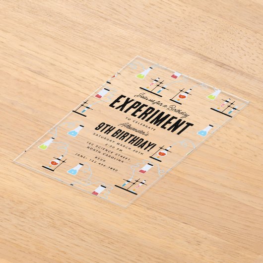 化学科学実験子供の誕生日パーティー アクリル招待状 (レイダウン)