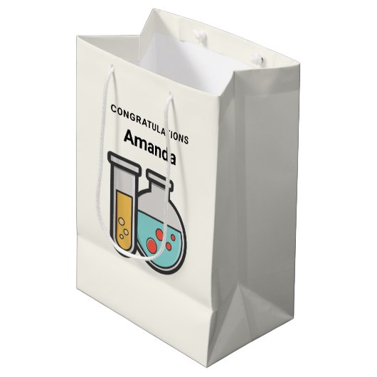 化学試験管とビーカーおめでとう ミディアムペーパーバッグ (正面アングル)