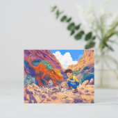 化石狩り上のTレックスを持つアニメボーイ シーズンポストカード (スタンド正面)