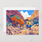 化石狩り上のTレックスを持つアニメボーイ シーズンポストカード (正面/裏面)