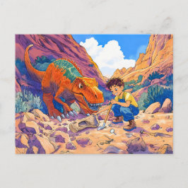 化石狩り上のTレックスを持つアニメボーイ シーズンポストカード
