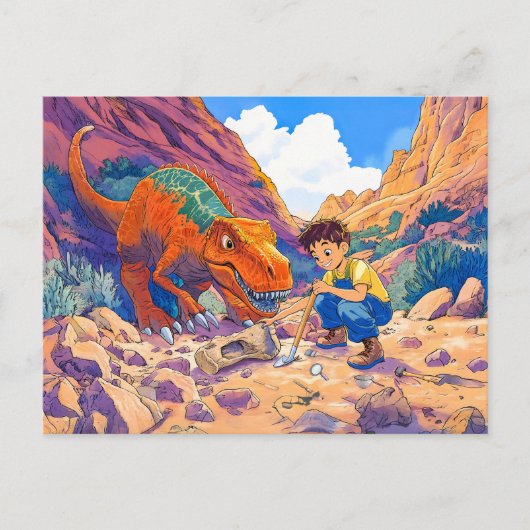 化石狩り上のTレックスを持つアニメボーイ シーズンポストカード (正面)