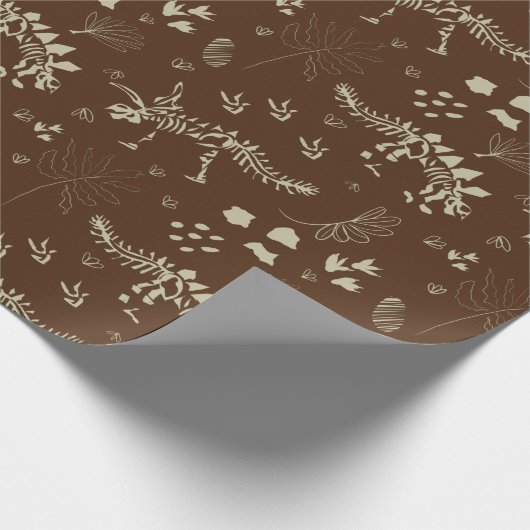 化石発掘の恐竜の茶色とベージュ ラッピングペーパー (角)