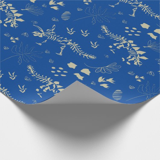 化石発掘の恐竜の青とベージュ ラッピングペーパー (角)
