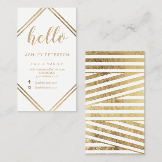 化粧のこんにちはタイポグラフィの金ゴールドは縞で飾ります 名刺 (正面/裏面)