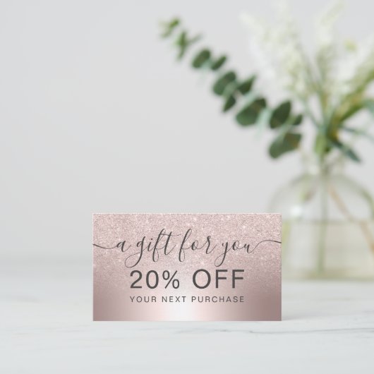 化粧のばら色の金ゴールドのグリッターグラデーションな金属ホイルのギフト 割引カード (スタンド正面)