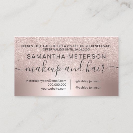 化粧のばら色の金ゴールドのグリッターグラデーションな金属ホイルのギフト 割引カード (裏面)