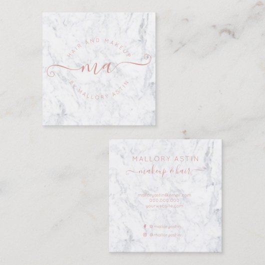化粧のイニシャルのロゴのモダンな大理石のミニマリスト スクエア名刺 (正面/裏面)