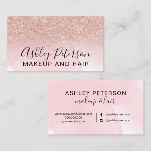 化粧のエレガントなタイポグラフィのピンクのバラの金ゴールドのグリッター 名刺 (正面/裏面)