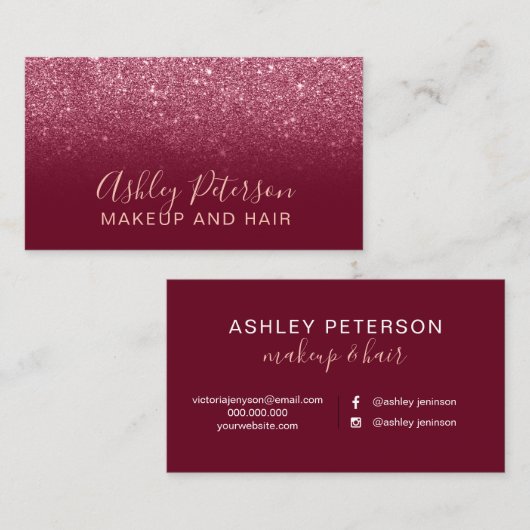 化粧のエレガントなタイポグラフィの赤いバーガンディのグリッター 名刺 (正面/裏面)