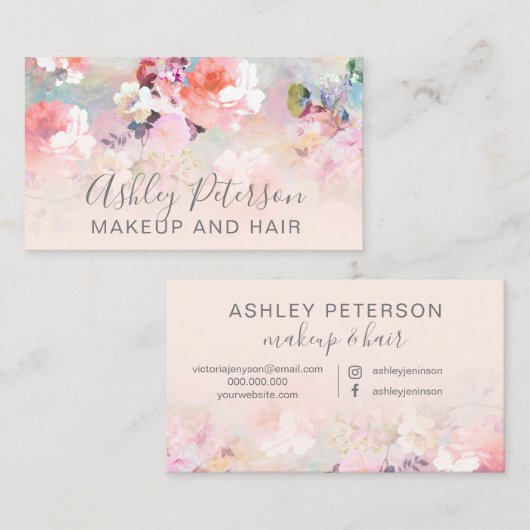 化粧のエレガントなタイポグラフィの赤面のピンクの花のペンキ 名刺 (正面/裏面)