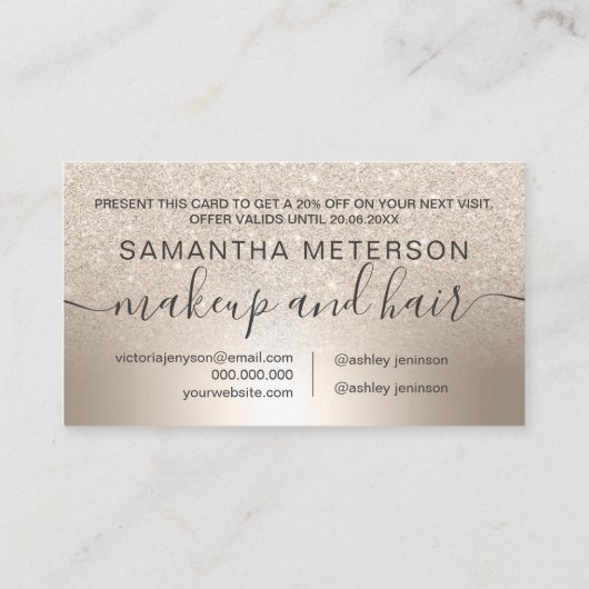 化粧のシックな金ゴールドのグリッターグラデーションな金属ホイルのギフト 割引カード (裏面)
