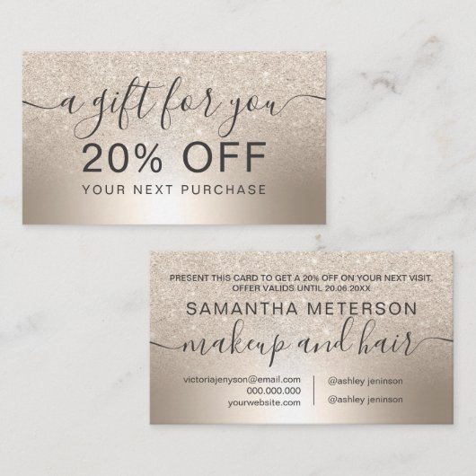 化粧のシックな金ゴールドのグリッターグラデーションな金属ホイルのギフト 割引カード (正面/裏面)