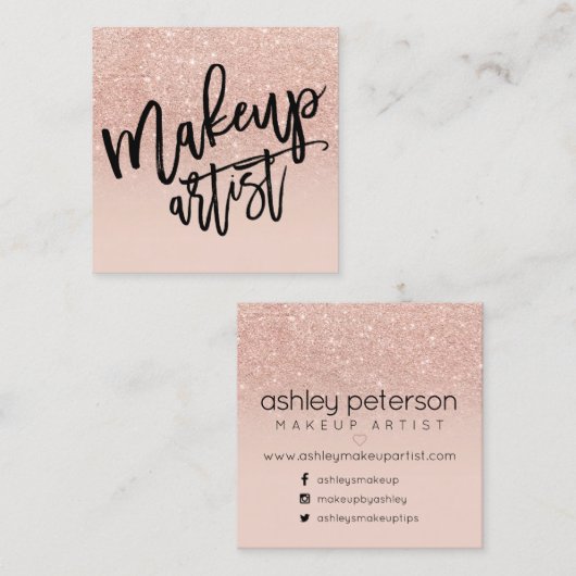 化粧のタイポグラフィのばら色の金ゴールドのグリッターの赤面のピンク スクエア名刺 (正面/裏面)