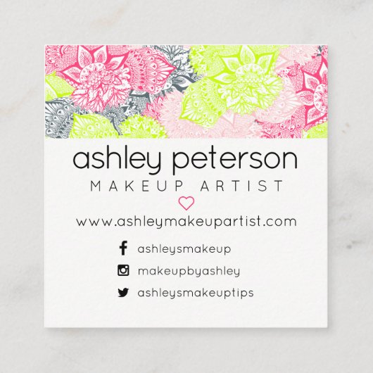 化粧のタイポグラフィのネオン花の曼荼羅のピンクの黄色 スクエア名刺 (裏面)