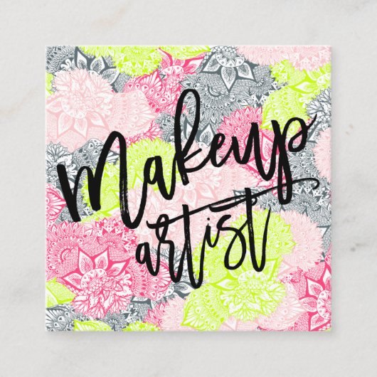 化粧のタイポグラフィのネオン花の曼荼羅のピンクの黄色 スクエア名刺 (正面)