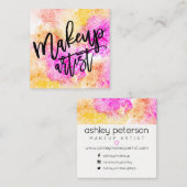 化粧のタイポグラフィのピンクの黄色の花柄の水彩画 スクエア名刺 (正面/裏面)