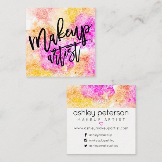 化粧のタイポグラフィのピンクの黄色の花柄の水彩画 スクエア名刺 (正面/裏面)
