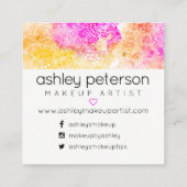 化粧のタイポグラフィのピンクの黄色の花柄の水彩画 スクエア名刺 (裏面)