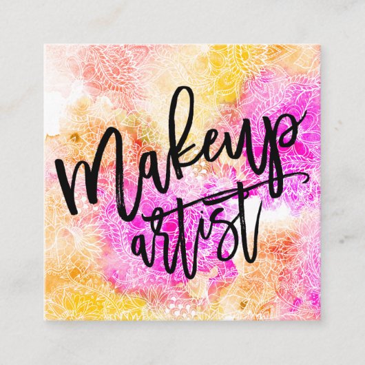 化粧のタイポグラフィのピンクの黄色の花柄の水彩画 スクエア名刺 (正面)