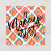 化粧のタイポグラフィのピンクの黄色のbohoのイカット スクエア名刺 (正面)