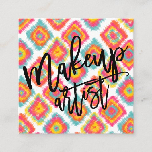 化粧のタイポグラフィのピンクの黄色のbohoのイカット スクエア名刺 (正面)