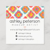 化粧のタイポグラフィのピンクの黄色のbohoのイカット スクエア名刺 (裏面)