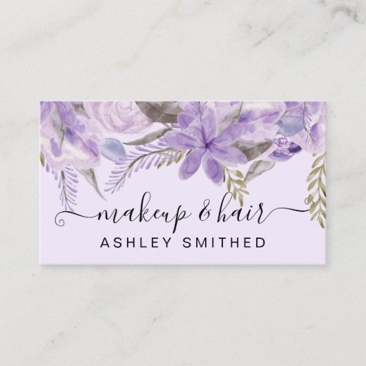 化粧のタイポグラフィのラベンダーの花柄の水彩画 名刺 (正面)