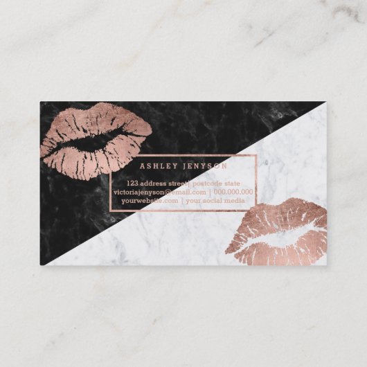 化粧のタイポグラフィの唇ののどのばら色の金ゴールドの大理石 名刺 (裏面)