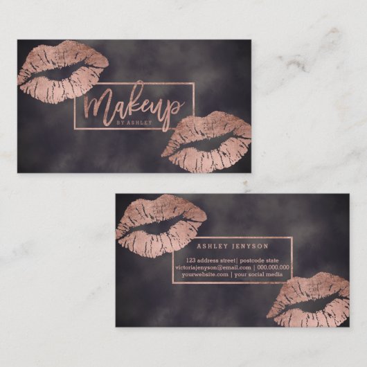 化粧のタイポグラフィの唇のばら色の金ゴールドの灰色の水彩画 名刺 (正面/裏面)