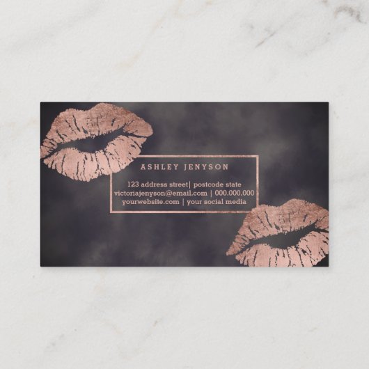 化粧のタイポグラフィの唇のばら色の金ゴールドの灰色の水彩画 名刺 (裏面)