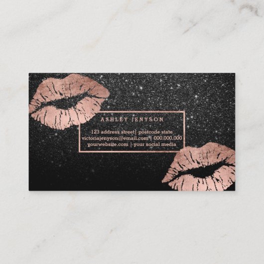 化粧のタイポグラフィの唇のばら色の金ゴールドの黒のグリッター 名刺 (裏面)