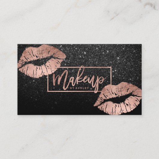 化粧のタイポグラフィの唇のばら色の金ゴールドの黒のグリッター 名刺 (正面)