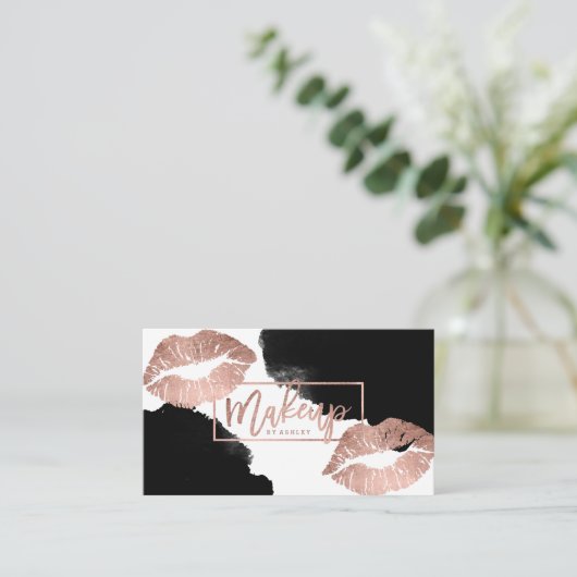 化粧のタイポグラフィの唇のばら色の金ゴールドの黒の水彩画 名刺 (スタンド正面)