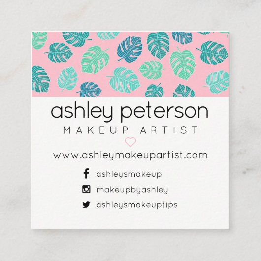 化粧のタイポグラフィの熱帯葉のピンク スクエア名刺 (裏面)