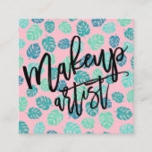 化粧のタイポグラフィの熱帯葉のピンク スクエア名刺 (正面)