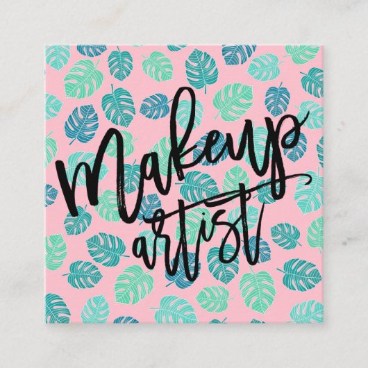化粧のタイポグラフィの熱帯葉のピンク スクエア名刺 (正面)