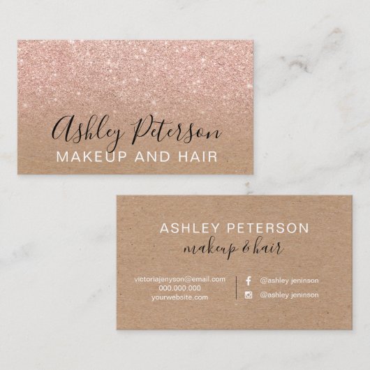 化粧のタイポグラフィの茶色のクラフトのばら色の金ゴールドのグリッター 名刺 (正面/裏面)