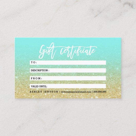 化粧のタイポグラフィの金ゴールドのグリッターのティール（緑がかった色）の証明書 名刺 (裏面)