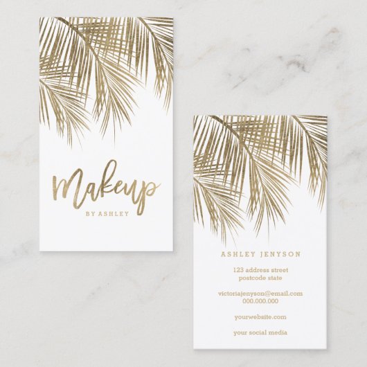 化粧のタイポグラフィの金色やし自由章の木の葉の白 名刺 (正面/裏面)