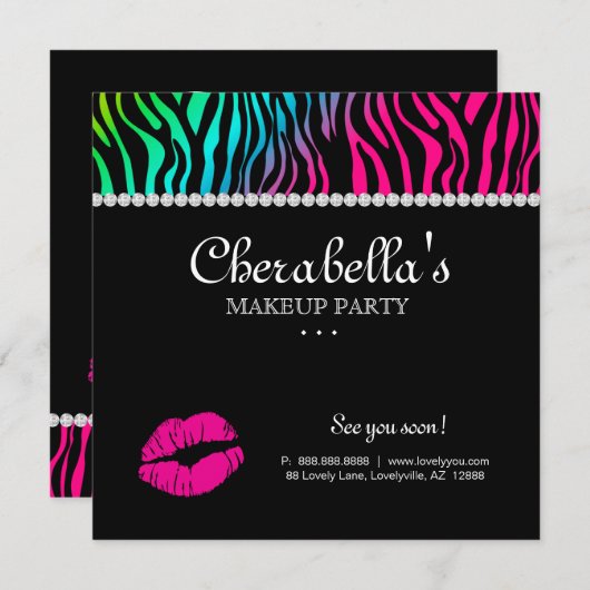 化粧のパーティの招待状のシマウマの虹のジュエリー 招待状 (正面/裏面)