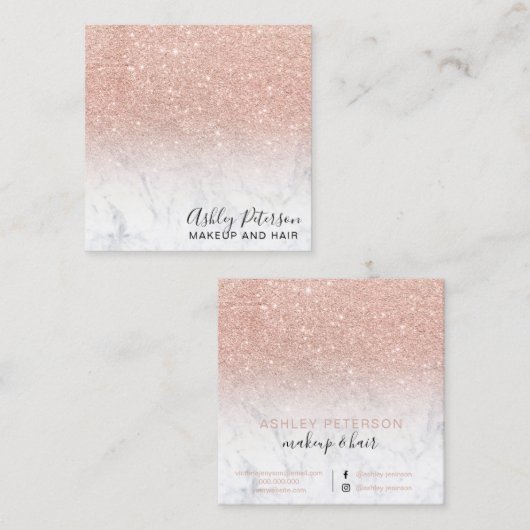 化粧のモダンなタイポグラフィのばら色の金ゴールドのグリッターの大理石 スクエア名刺 (正面/裏面)
