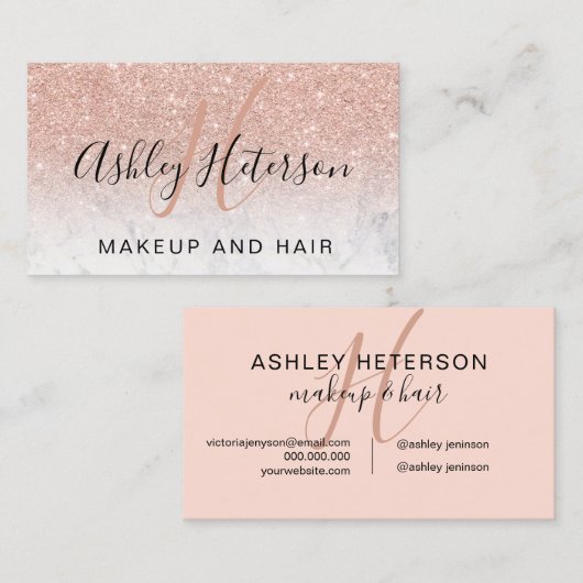 化粧のモノグラムの原稿の大理石のばら色の金ゴールドのグリッター 名刺 (正面/裏面)
